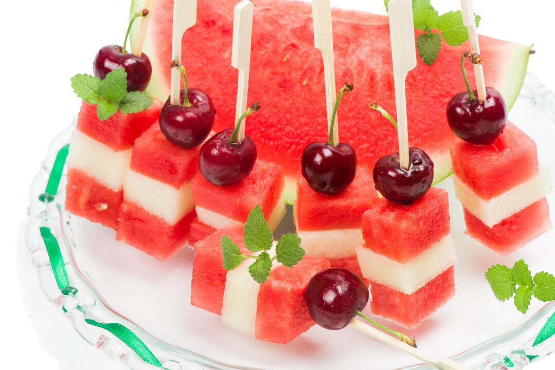 Watermelon, melon and cherry canapes - a delicious dessert of the watermelon diet